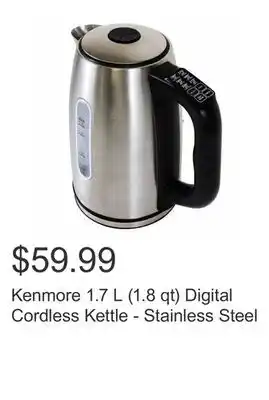 Costco Kenmore 1.7 L (1.8 qt) Digital Cordless Kettle - Stainless Steel offer