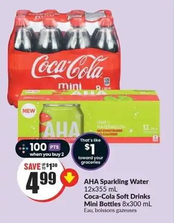 FreshCo AHA Sparkling Water 12x355mL, Coca-Cola Soft Drinks Mini Bottles 8x300mL offer