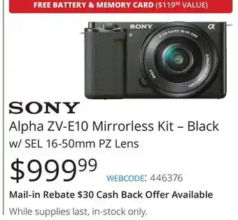 Vistek Sony Alpha ZV-E10 Mirrorless Kit-Black w/SEL 16-50mm PZ Lens offer