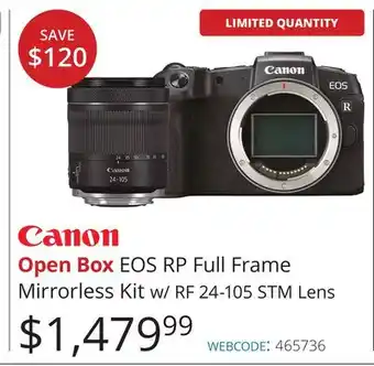 Vistek Canon Open Box EOS RP Full Frame Mirrorless Kit offer