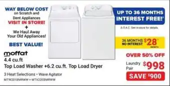 Visions Electronics Moffat 4.4 cu.ft Top Load Washer +6.2 cu.ft. Top Load Dryer offer