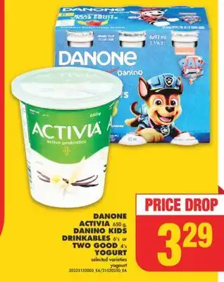 No Frills DANONE ACTIVIA 650 g, DANINO KIDS DRINKABLES 6's or TWO GOOD 4's YOGURT offer