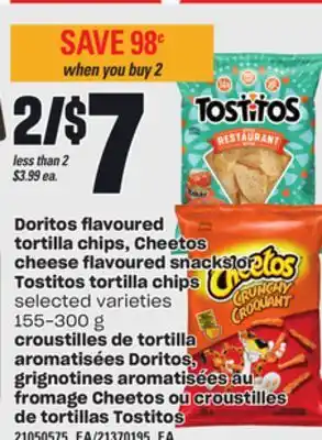 Independent Grocer DORITOS FLAVOURED TORTILLA CHIPS, CHEETOS CHEESE FLAVOURED SNACKS OR TOSTITOS TORTILLA CHIPS, 155-300 G offer