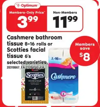 Loblaws CASHMERE BATHROOM TISSUE 8=16 ROLLS OR SCOTTIES FACIAL TISSUE 6'S offer