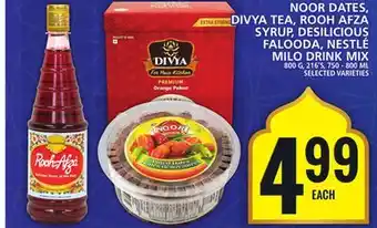 Food Basics NOOR DATES, DIVYA TEA, ROOH AFZA SYRUP, DESILICIOUS FALOODA, NESTLÉ MILO DRINK MIX offer