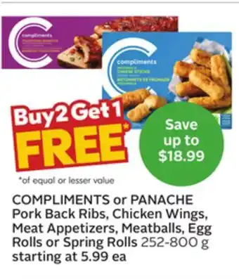Sobeys COMPLIMENTS or PANACHE Pork Back Ribs, Chicken Wings, Meat Appetizers, Meatballs, Egg Rolls or Spring Rolls offer