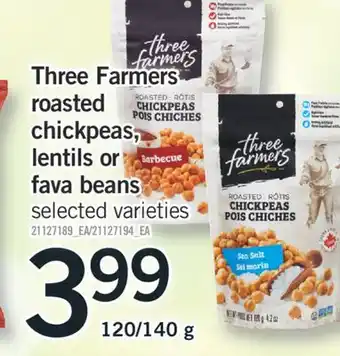 Fortinos THREE FARMERS ROASTED CHICKPEAS, LENTILS OR FAVA BEANS, 120/140 g offer