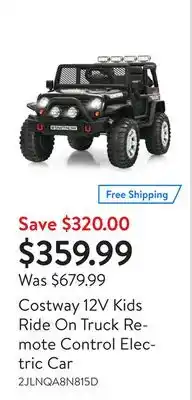 Walmart Costway 12V Kids Ride On Truck Remote Control Electric Car offer