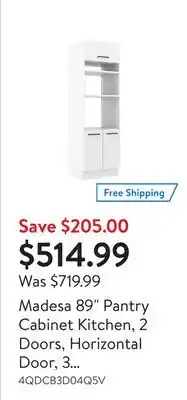 Walmart Madesa 89 Pantry Cabinet Kitchen, 2 Doors, Horizontal Door, 3 Shelves - White offer