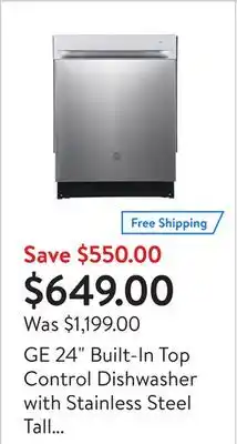 Walmart GE 24 Built-In Top Control Dishwasher with Stainless Steel Tall Stainless Steel - GBP534SSPSS offer