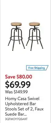 Walmart Homy Casa Swivel Upholstered Bar Stools Set of 2, Faux Suede Bar Chairs with Adjustable Height form 28.5'' to 31.5'' offer