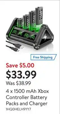 Walmart 4 x 1500 mAh Xbox Controller Battery Packs and Charger offer