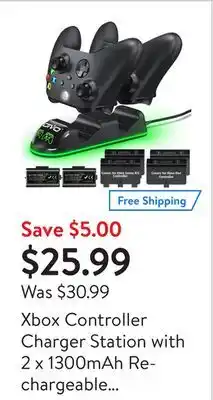 Walmart Xbox Controller Charger Station with 2 x 1300mAh Rechargeable Battery Pack offer