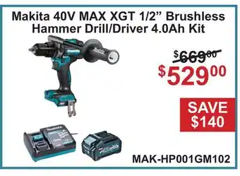 Atlas Tools & Machinery Makita 40V MAX XGT 1/2 Brushless Hammer Drill/Driver 4.0Ah Kit offer