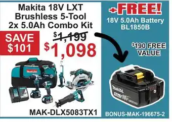 Atlas Tools & Machinery Makita 18V LXT Brushless 5-Tool 2x 5.0Ah Combo Kit offer