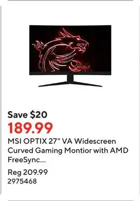 Staples MSI OPTIX 27 VA Widescreen Curved Gaming Montior with AMD FreeSync Technology - G27C5 offer
