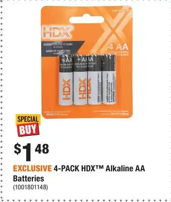 Home Depot EXCLUSIVE 4-PACK HDX Alkaline AA Batteries offer