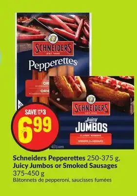 FreshCo Schneiders Pepperettes 250-375 g, Juicy Jumbos or Smoked Sausages 375- 450 g offer