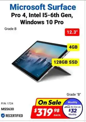 Factory Direct Microsoft Surface 12.3 Pro 4, Intel I5-6th Gen, Windows 10 Pro 4GB 128GB SSD offer