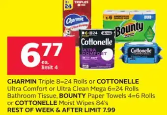 Rexall CHARMIN Triple 8 = 24 Rolls or COTTONELLE Ultra Comfort or Ultra Clean Mega 6 = 24 Rolls Bathroom Tissue, BOUNTY Paper Towels offer