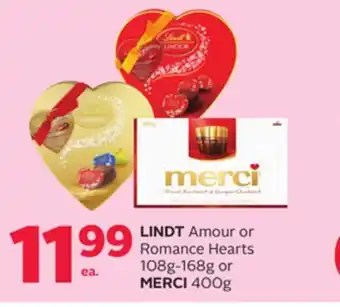 Rexall LINDT Amour or Romance Hearts 108g-168g or MERCI 400g offer