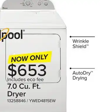 Leon's Whirlpool White Electric Dryer (7.0 Cu.Ft.) - YWED4815EW offer