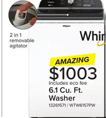 Leon's Whirlpool White Top Load Washer (6.1 Cu Ft) - WTW6157PW offer