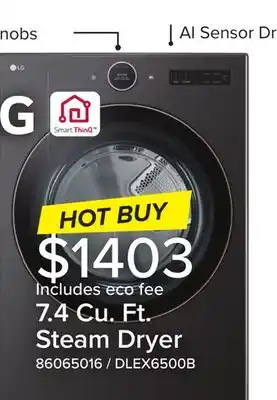 Leon's LG Black Steel 7.4 cu. ft. Ultra Large Capacity Smart Front Load Dryer with Built-In Intelligence & TurboSteam - DLEX6500B offer