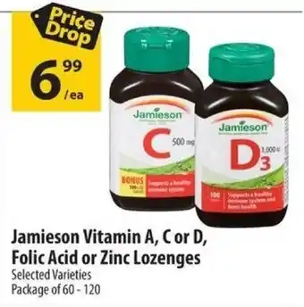 Co-op Jamieson Vitamin A, C or D, Folic Acid or Zinc Lozenges Selected Varieties Package of 60-120 offer