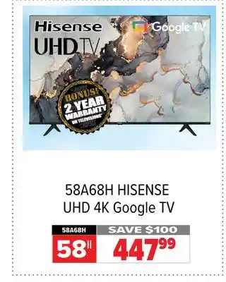 2001 Audio Video HISENSE UHD 4K Google TV 58 offer