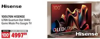 2001 Audio Video HISENSE U76N Quantum Dot 144Hz Game Mode Pro Google TV 100 offer