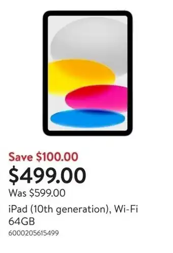 Walmart iPad (10th generation), Wi-Fi 64GB offer