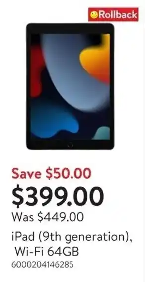 Walmart iPad (9th generation), Wi-Fi 64GB offer
