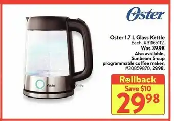 Walmart Oster 1.7 L Glass Kettle offer