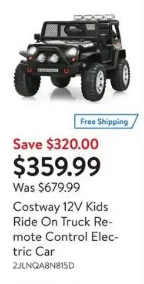 Walmart Costway 12V Kids Ride On Truck Remote Control Electric Car offer