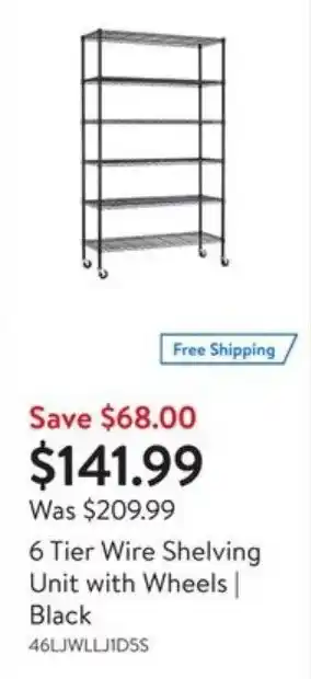 Walmart 6 Tier Wire Shelving Unit with Wheels Black offer
