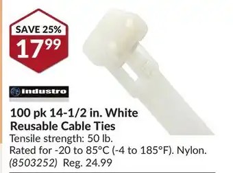 Princess Auto industro 100 pk 14-1/2 in. White Reusable Cable Ties offer