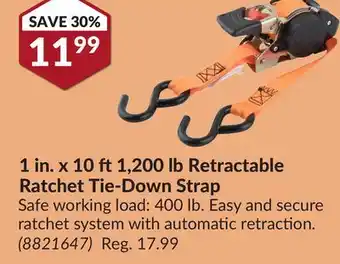 Princess Auto 1 in. x 10 1, 200 lb Retractable Ratchet Tie-Down Strap offer