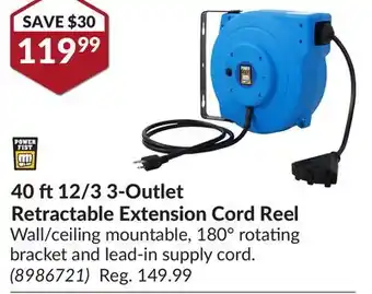 Princess Auto 40 ft 12/3 3-Outlet Retractable Extension Cord Reel offer