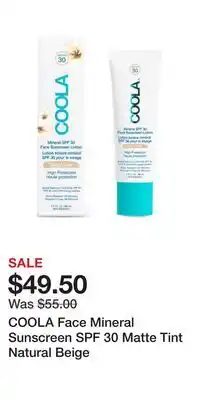 Well COOLA Face Mineral Sunscreen SPF 30 Matte Tint Natural Beige offer