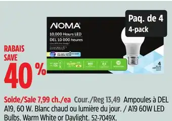 Canadian Tire NOMA A19 60W LED Bulbs offer