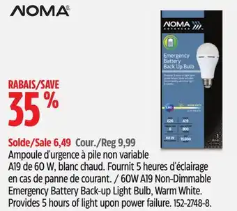Canadian Tire NOMA 60W A19 Non-Dimmable Emergency Battery Back-up Light Bulb, Warm White offer