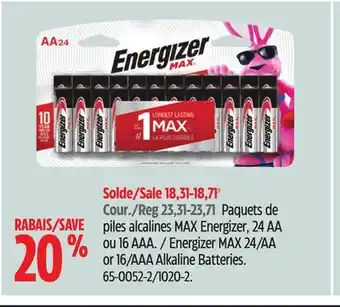 Canadian Tire Energizer MAX 24/AA or 16/AAA Alkaline Batteries offer
