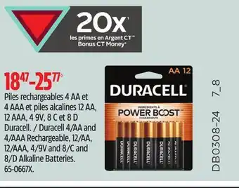Canadian Tire Duracell 4/AA and 4/AAA Rechargeable, 12/AA, 12/AAA, 4/9V and 8/C and 8/D Alkaline Batteries offer