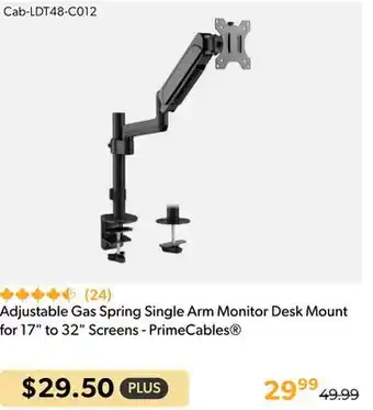 Shopper+ Adjustable Gas Spring Single Arm Monitor Desk Mount for 17 to 32 Screens - PrimeCables offer