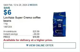 Costco LavAzza Super Crema coffee beans 1kg offer