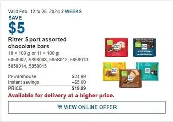 Costco Ritter Sport assorted chocolate bars offer