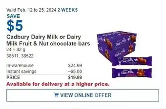 Costco Cadbury Dairy Milk or Dairy Milk Fruit & Nut chocolate bars 24 x 42g offer