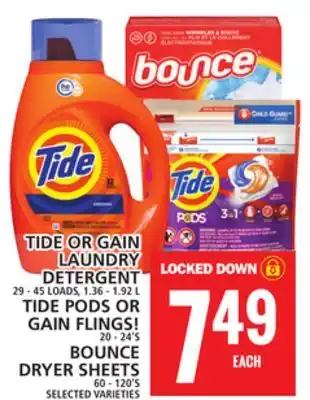 Food Basics TIDE OR GAIN LAUNDRY DETERGENT OR TIDE PODS OR GAIN FLINGS! OR BOUNCE DRYER SHEETS offer