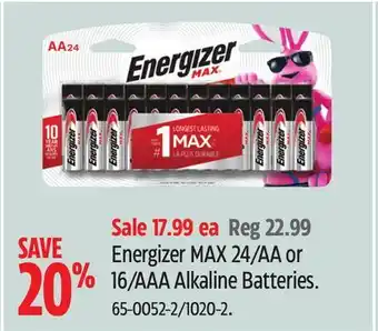 Canadian Tire Energizer MAX 24/AA or 16/AAA Alkaline Batteries offer